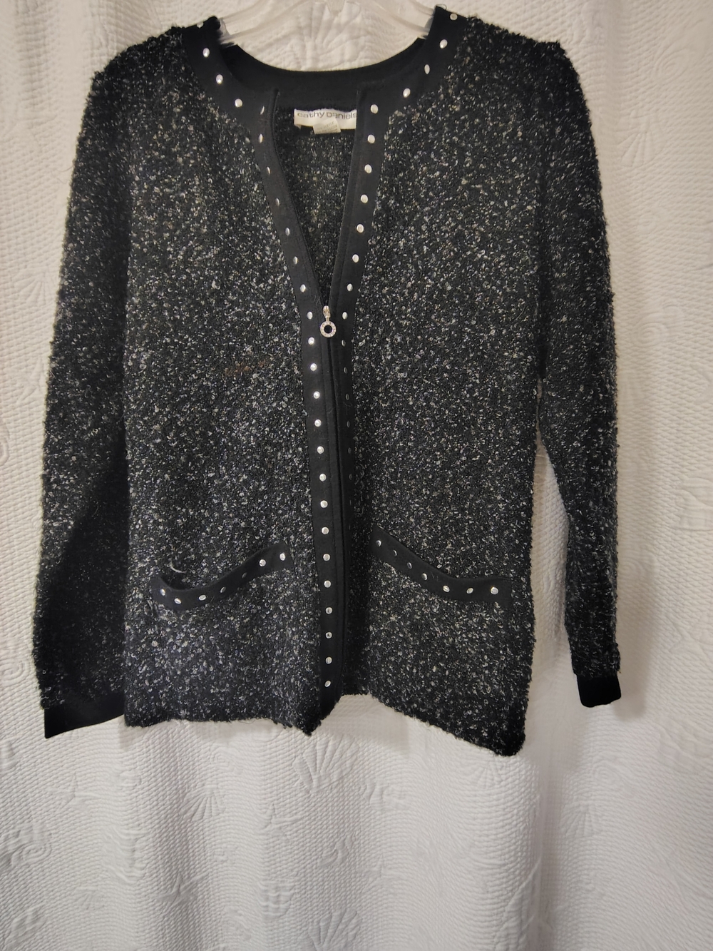 Cathy Daniels Black Metallic Zip-Front Studded Knit Cardigan